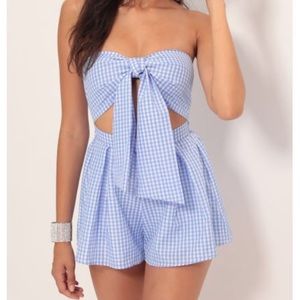 Blue gingham double tie romper